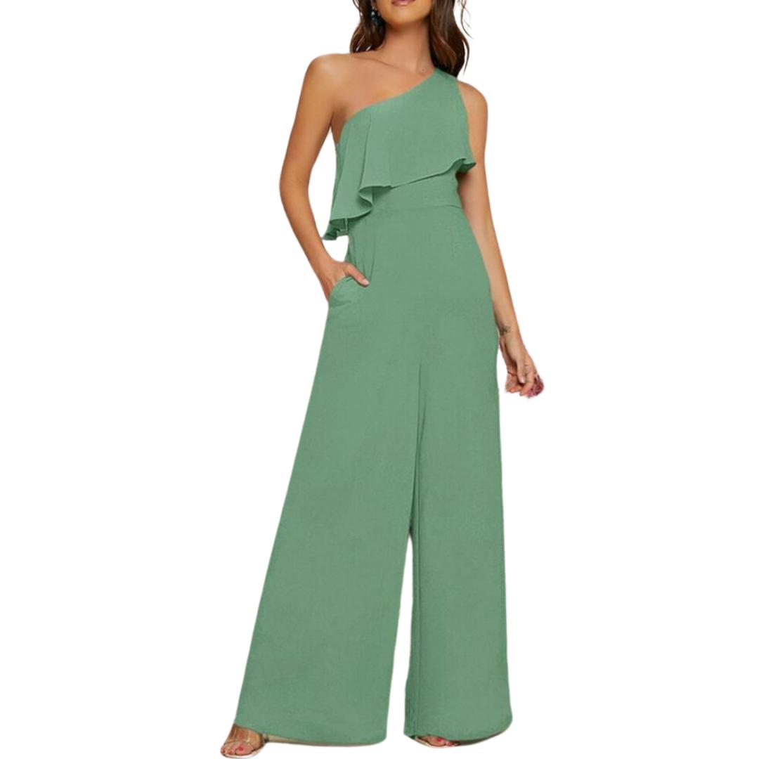Shein Belle One Shoulder Ruffle Trim Wide Leg Brand New Jumpsuit