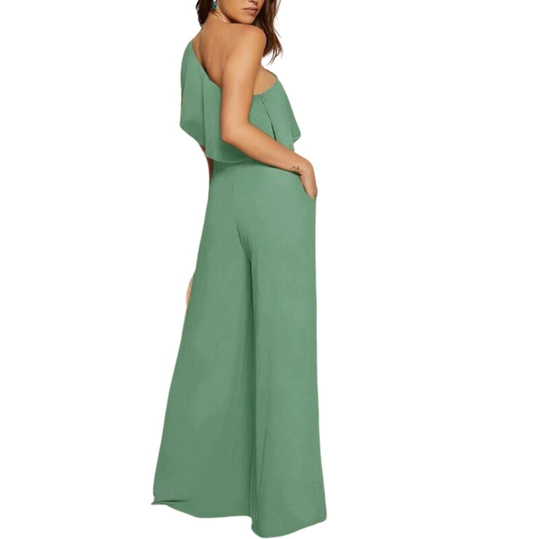Shein Belle One Shoulder Ruffle Trim Wide Leg Brand New Jumpsuit