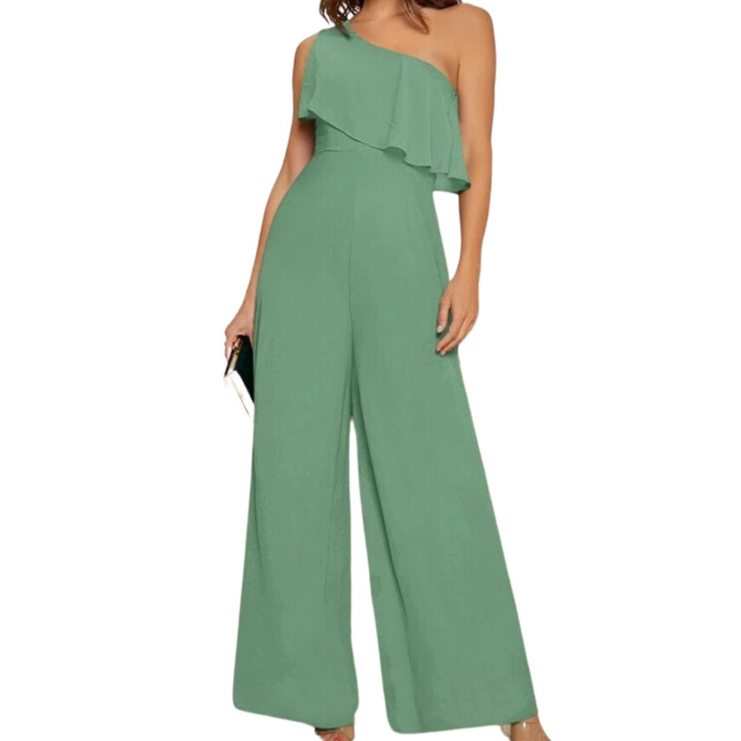 Shein Belle One Shoulder Ruffle Trim Wide Leg Brand New Jumpsuit