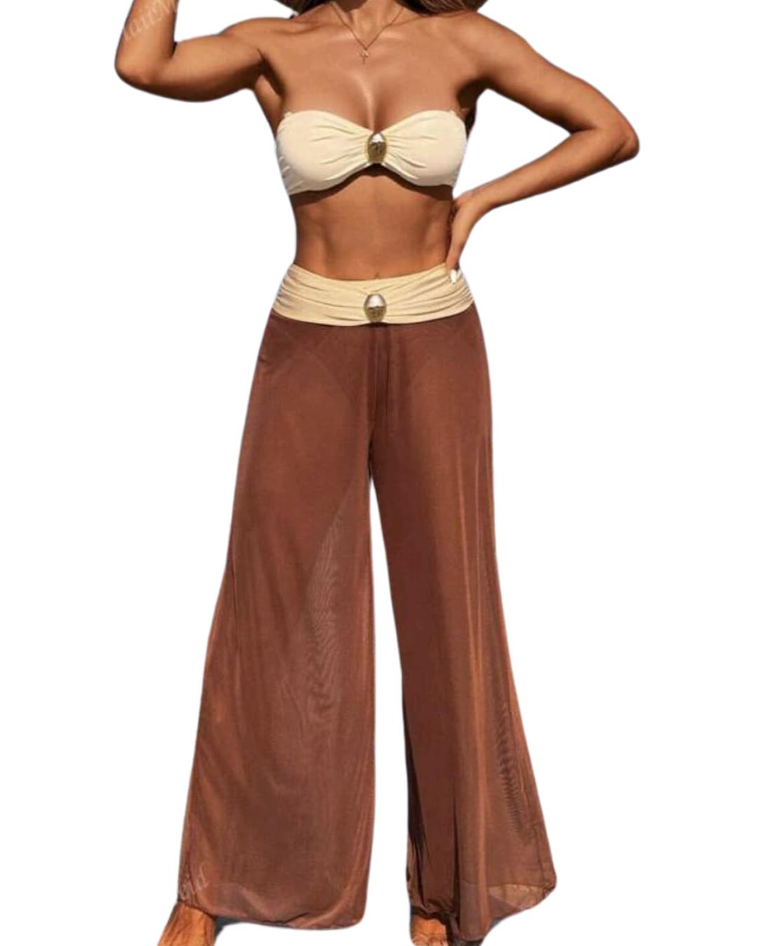 Metal Accessories Bikini With Mesh Pants Three Pieces Swimwear Set