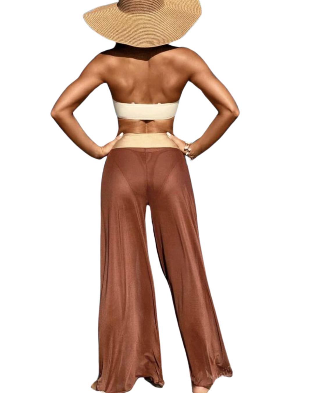 Metal Accessories Bikini With Mesh Pants Three Pieces Swimwear Set