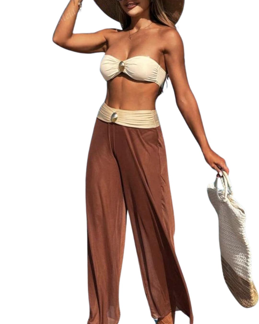 Metal Accessories Bikini With Mesh Pants Three Pieces Swimwear Set