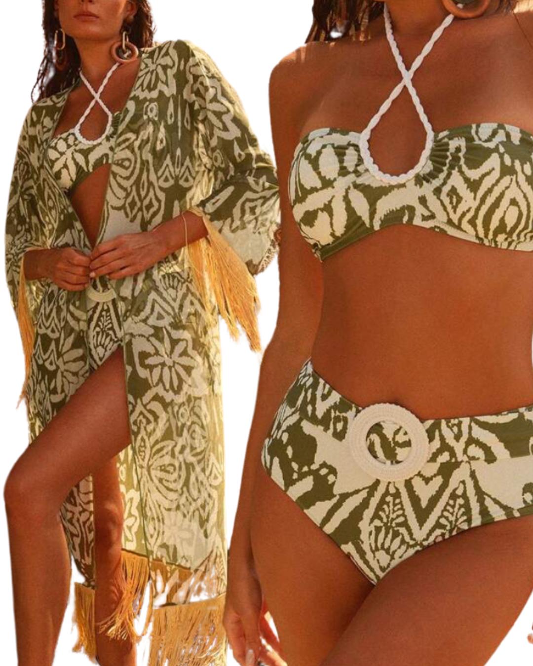 Tropical White & Green Swimsuit Set