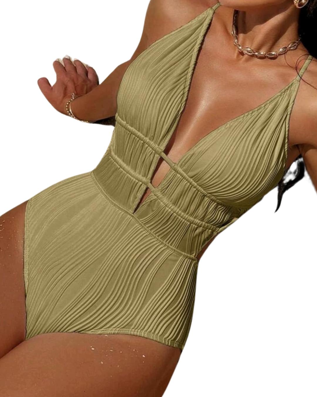 Army Green Color Backless Cross Strap One-Piece Swimsuit
