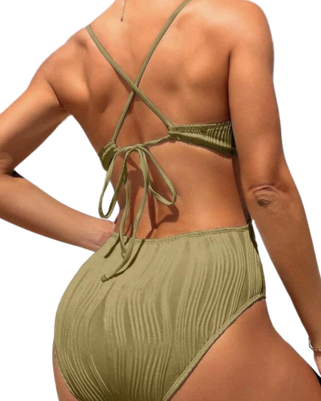 Army Green Color Backless Cross Strap One-Piece Swimsuit
