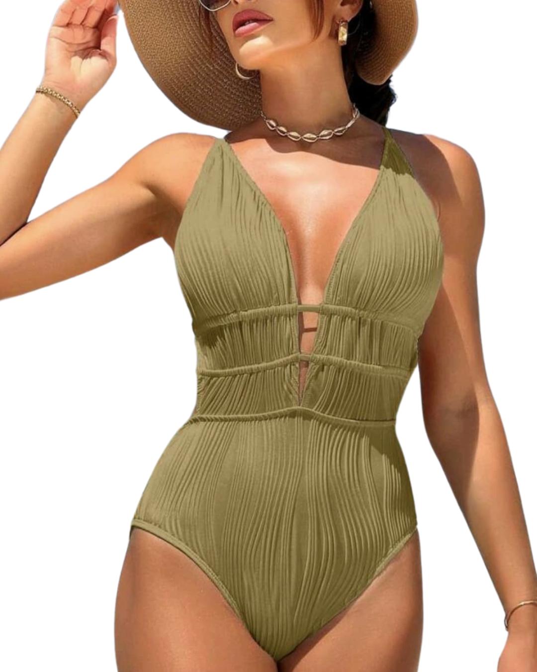 Army Green Color Backless Cross Strap One-Piece Swimsuit