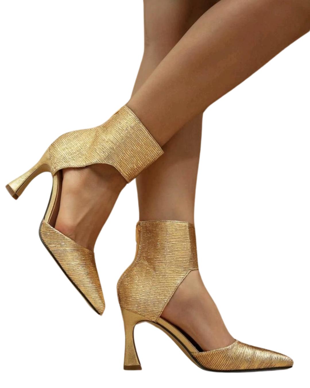 Gold Color Muller Shoe With Zipper Buckle High Heels