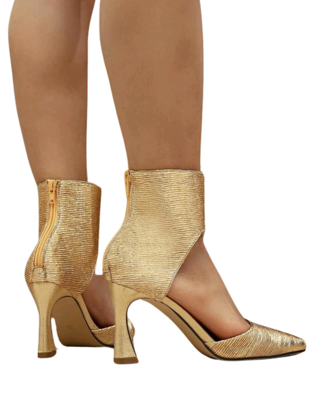 Gold Color Muller Shoe With Zipper Buckle High Heels