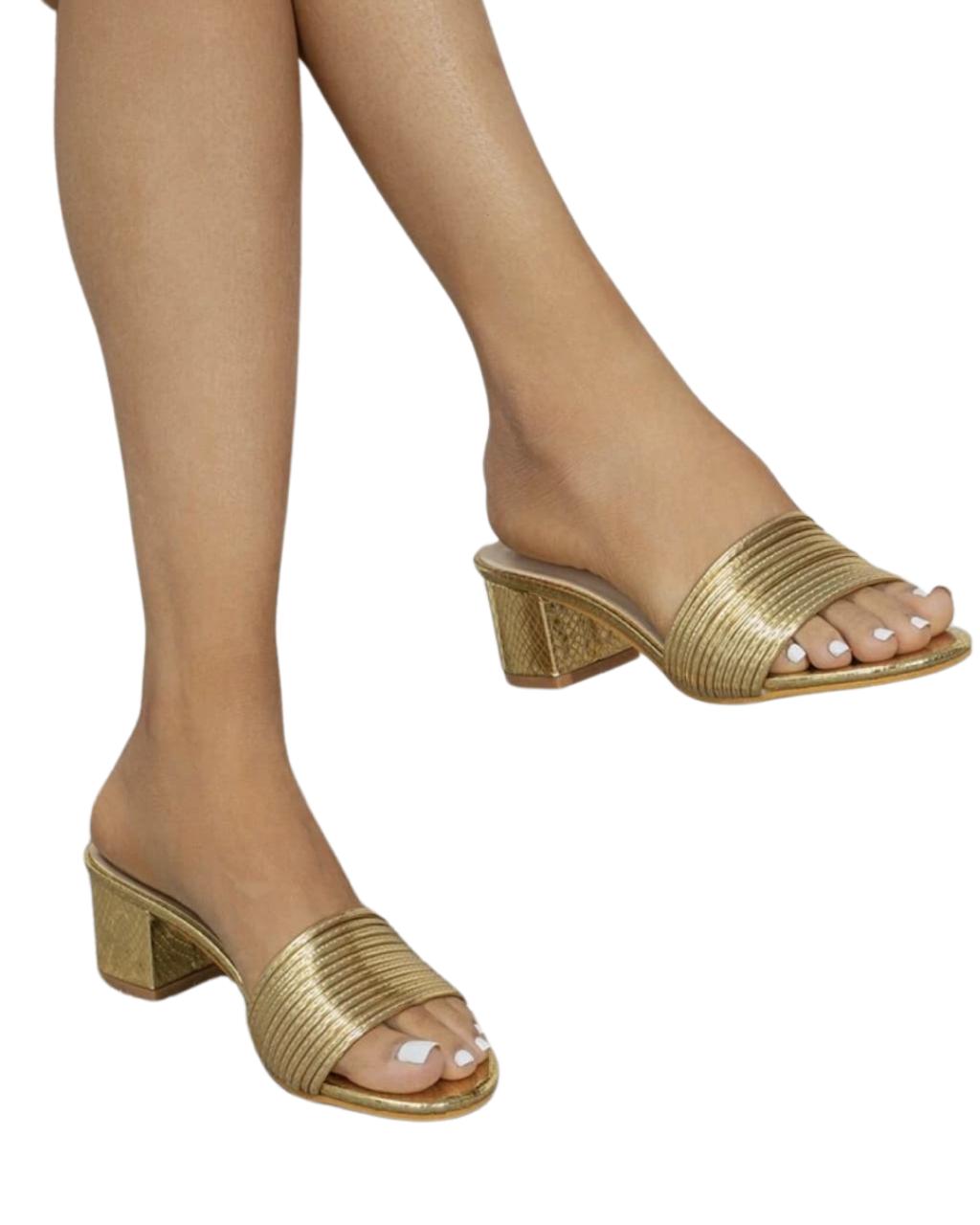 Glamorous Outdoors Gold Mid Heel Shoes For Women