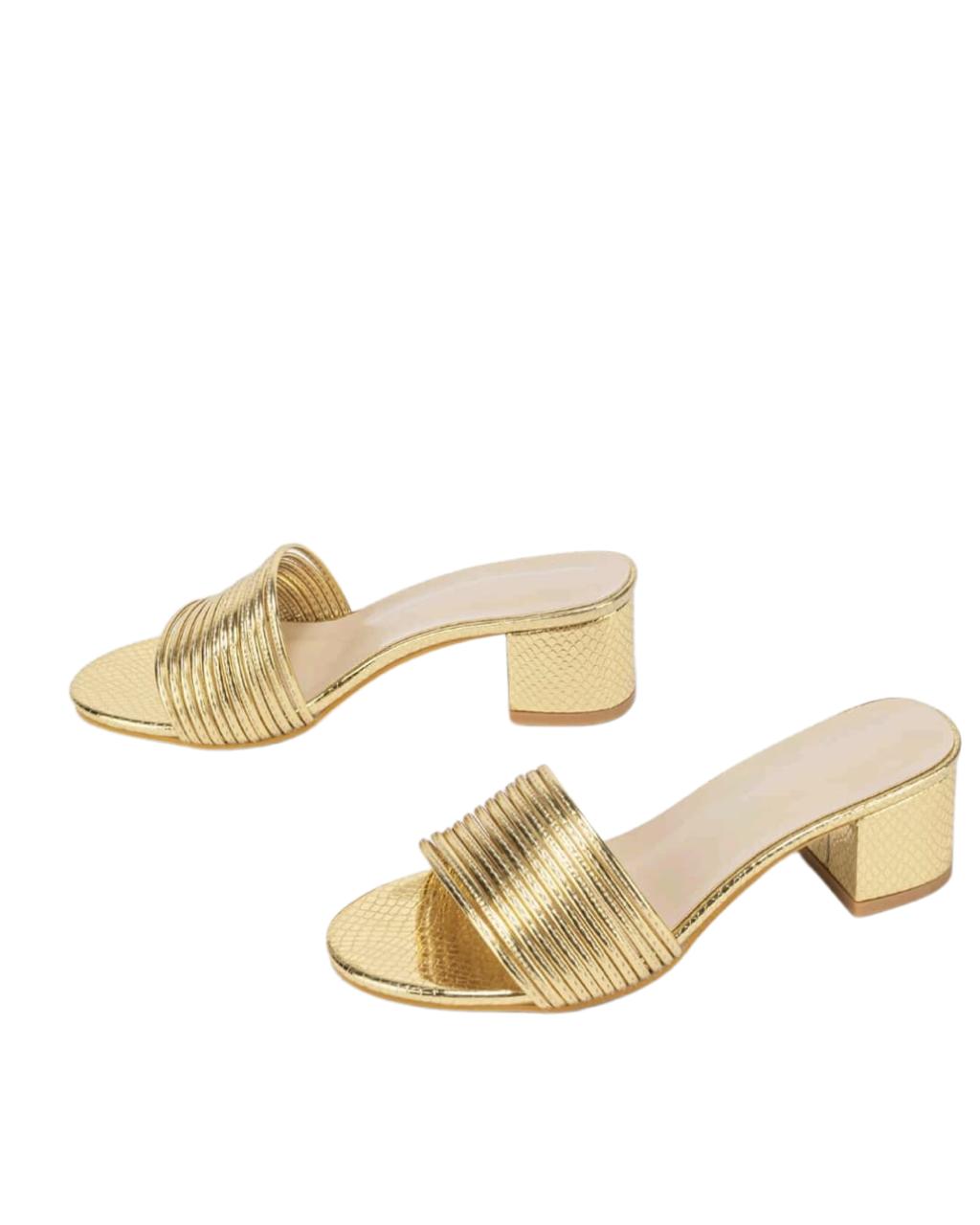 Glamorous Outdoors Gold Mid Heel Shoes For Women