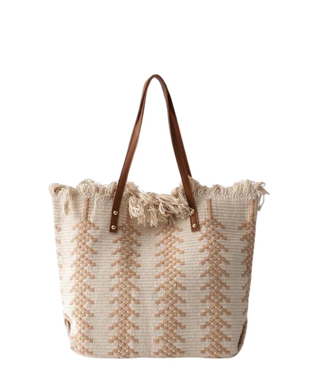 Tropiscape Straw Fringed Tote Bag