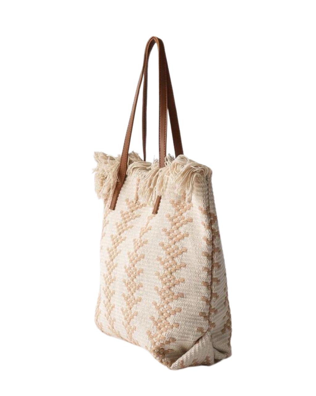 Tropiscape Straw Fringed Tote Bag
