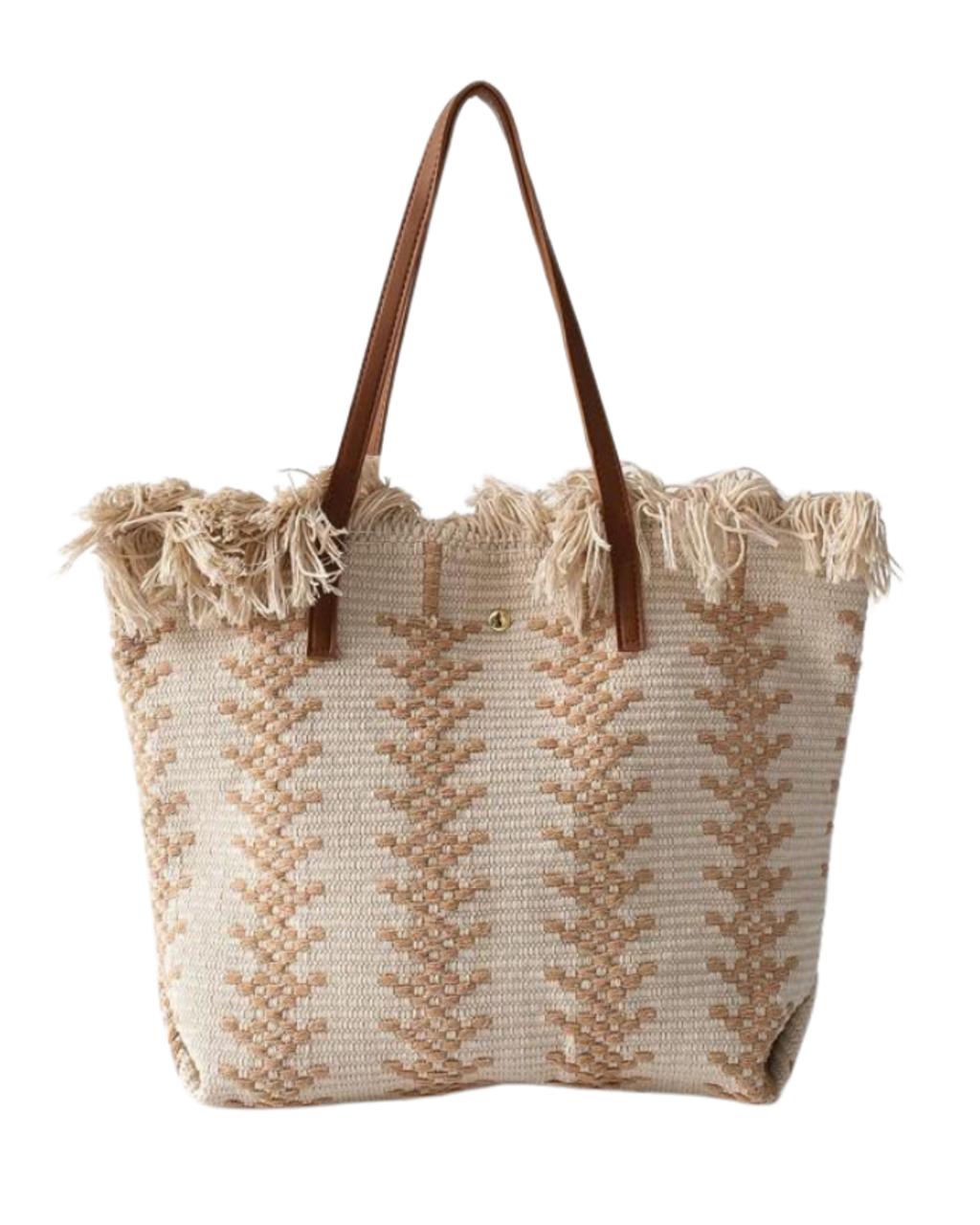 Tropiscape Straw Fringed Tote Bag