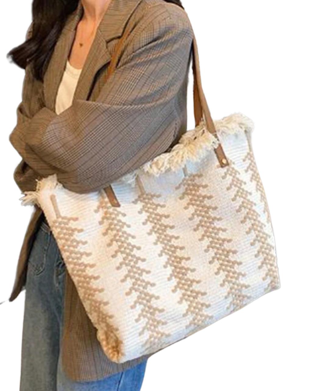 Tropiscape Straw Fringed Tote Bag
