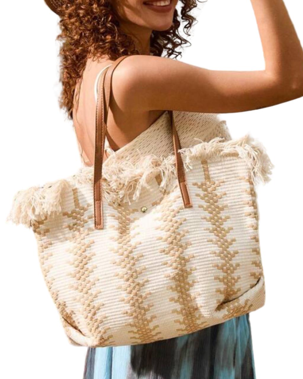 Tropiscape Straw Fringed Tote Bag