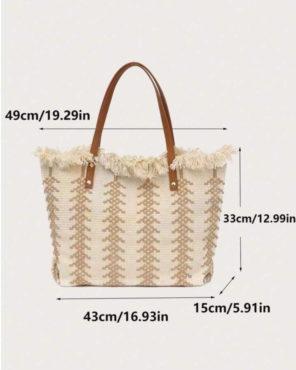 Tropiscape Straw Fringed Tote Bag