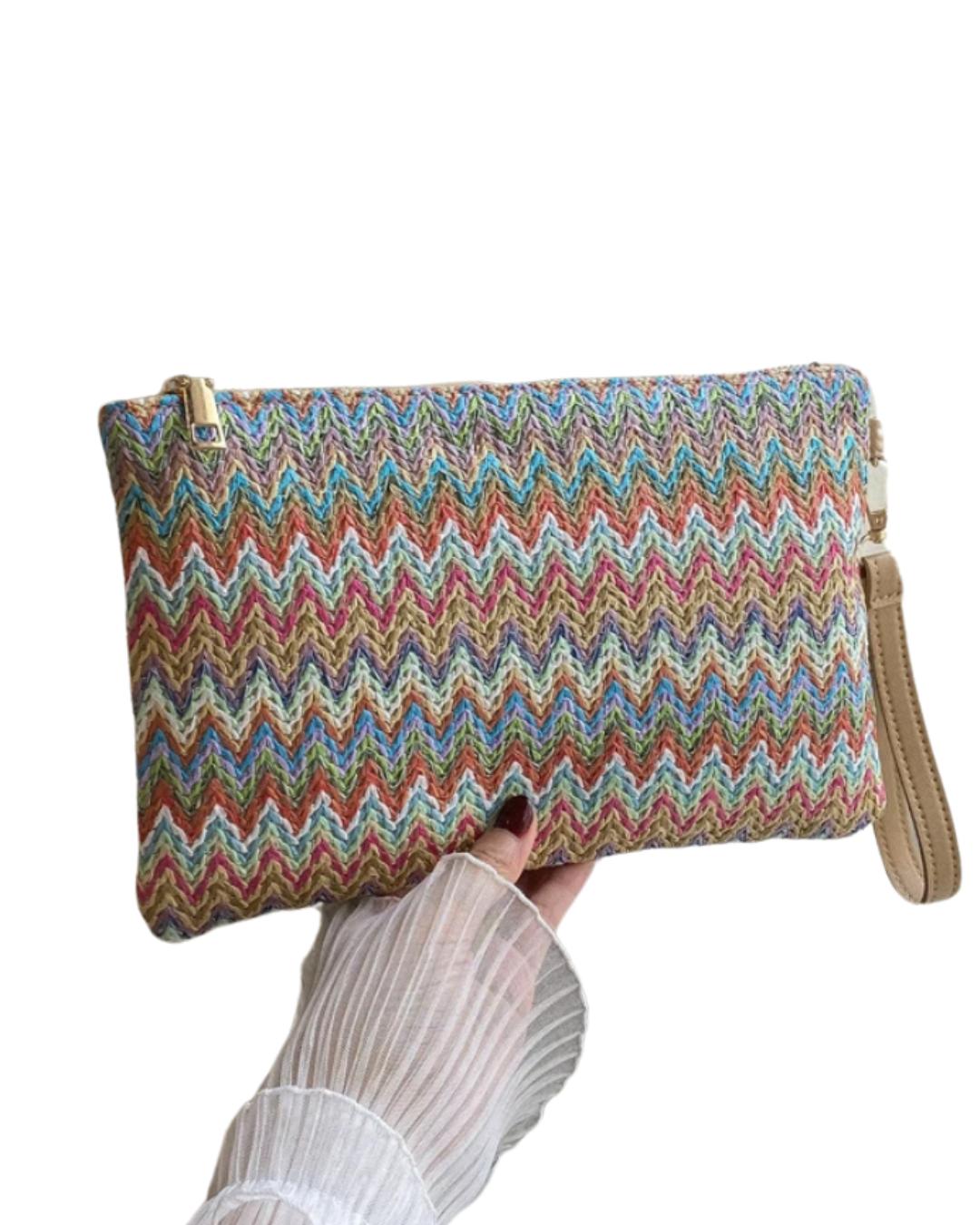 Woven Chevron Pattern Straw Bag With Wristlet
