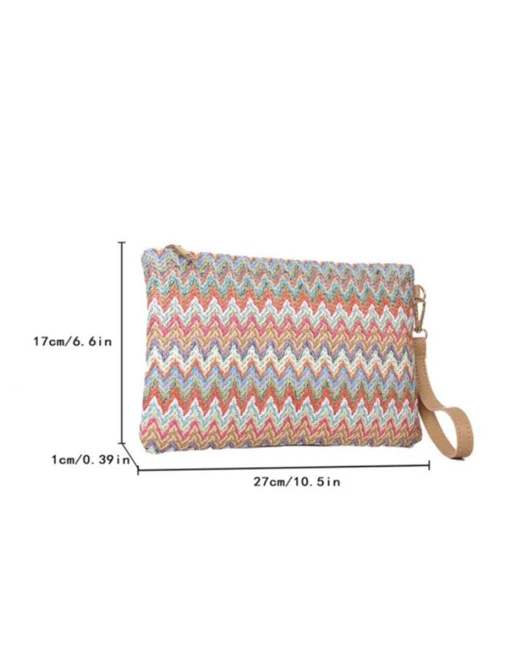 Woven Chevron Pattern Straw Bag With Wristlet