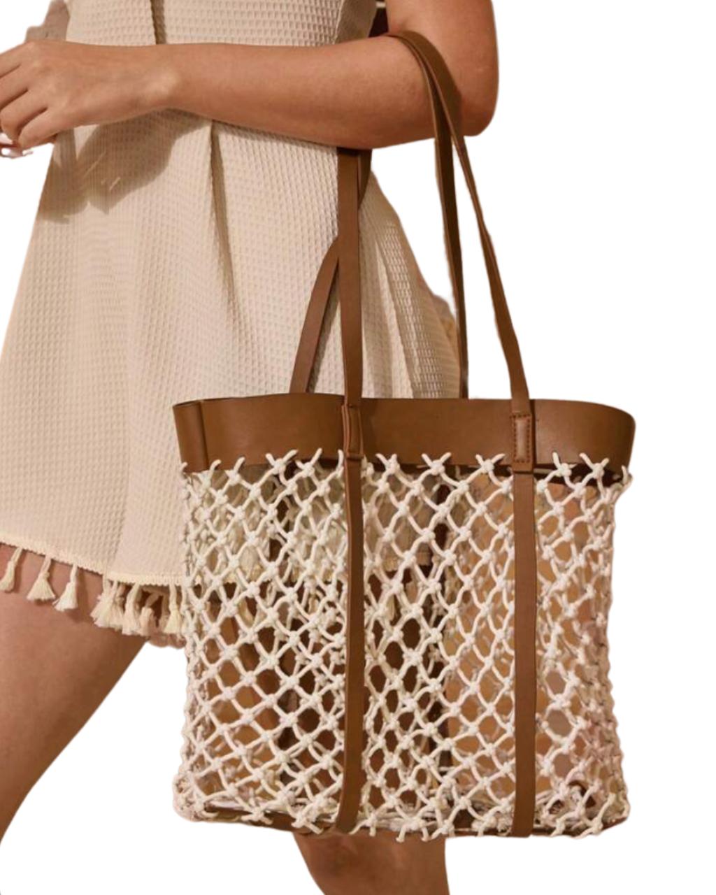Hollow Out Solid Color Patchwork PU Rope Drawstring Bag
