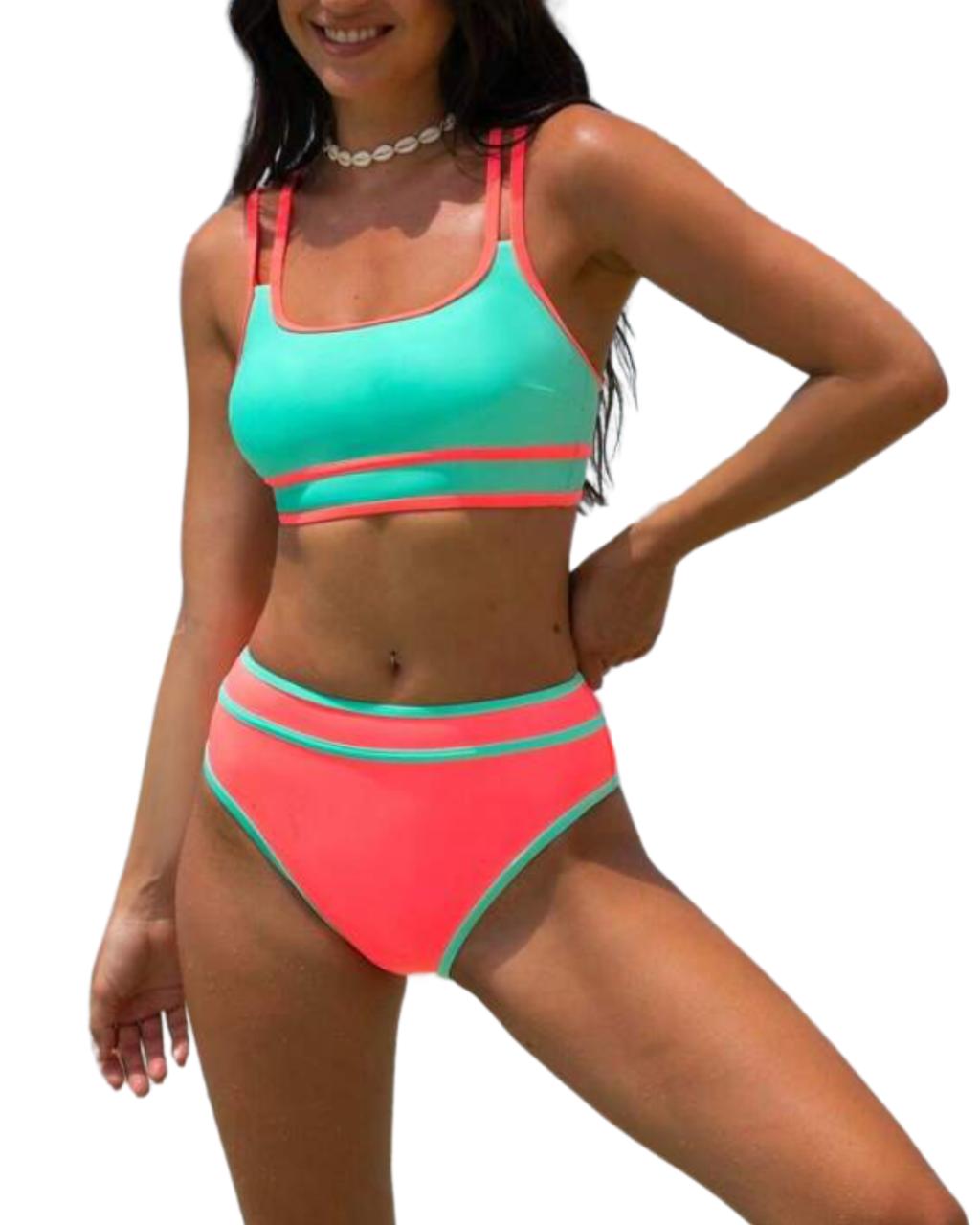 Summer Color Block Sporty Bralette Vacation Bikini Set