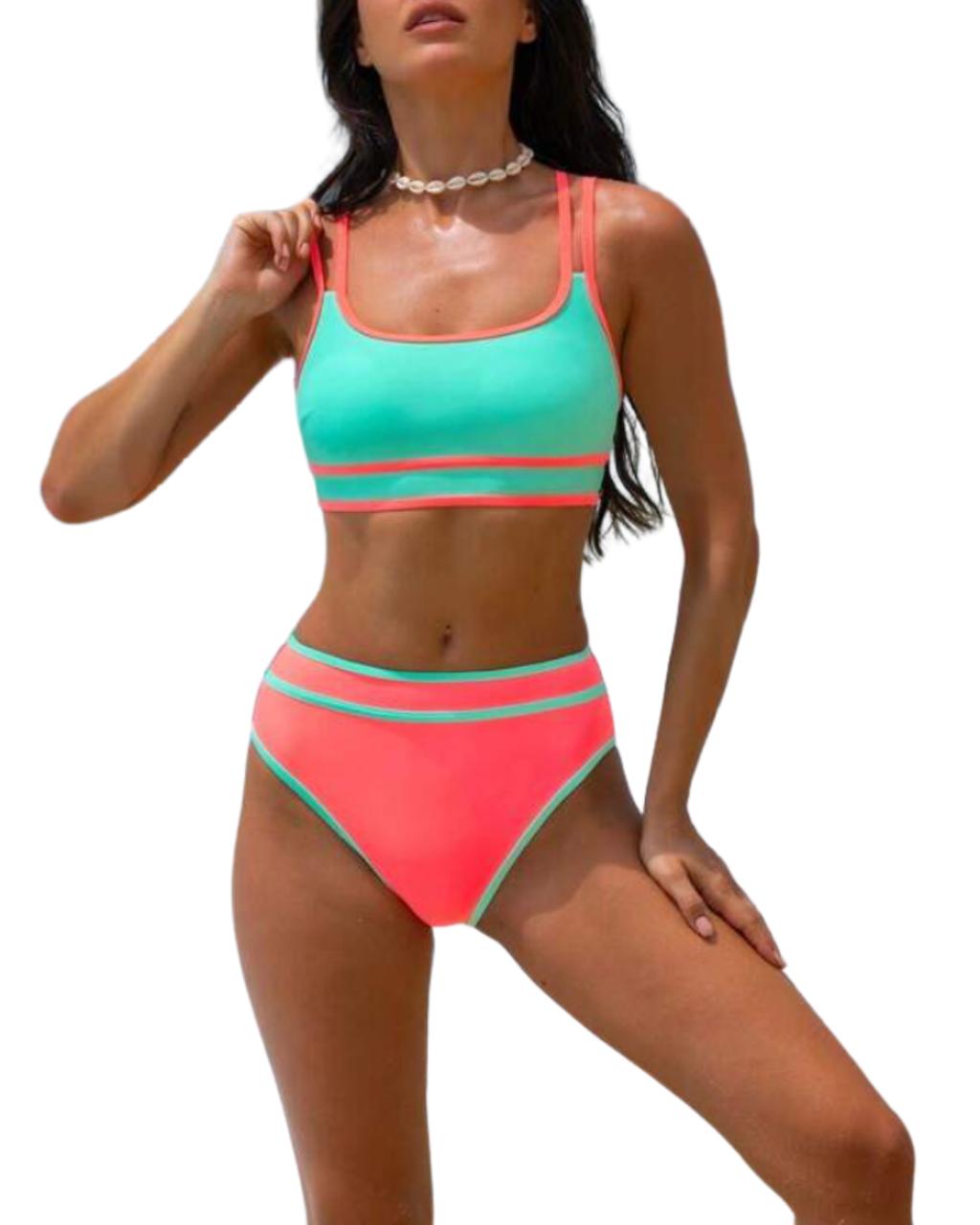 Summer Color Block Sporty Bralette Vacation Bikini Set