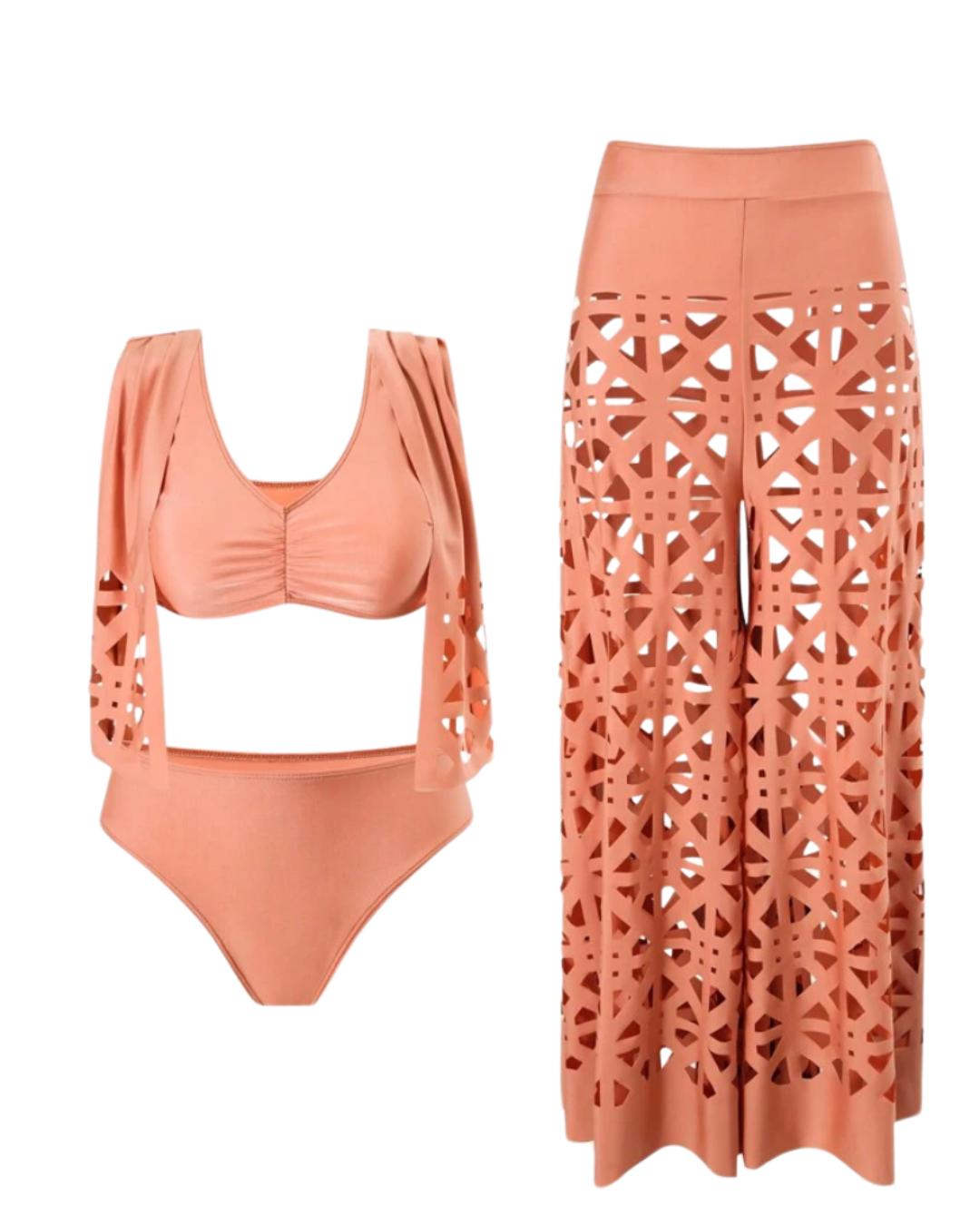 3pcs Set V-Neck Hollow High-End Elegant Pants Burnout Craftsmanship Sleeveless Women Bikini Summer