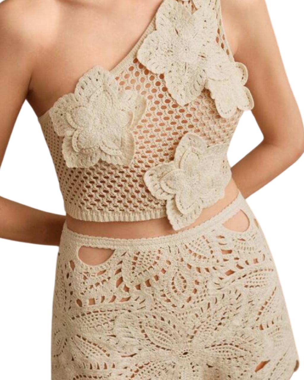 Festival Elegant Hollow-Out Shoulder Crochet Short Top & Skirt