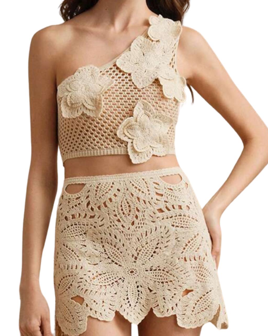 Festival Elegant Hollow-Out Shoulder Crochet Short Top & Skirt