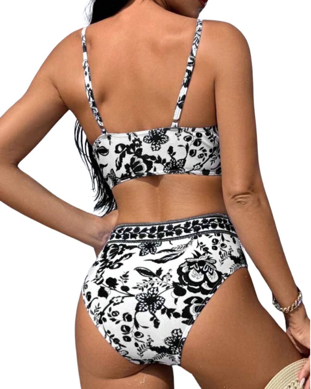 Floral Printed V-Neck Summer Beach Bikini Set With Separated Swimwear
