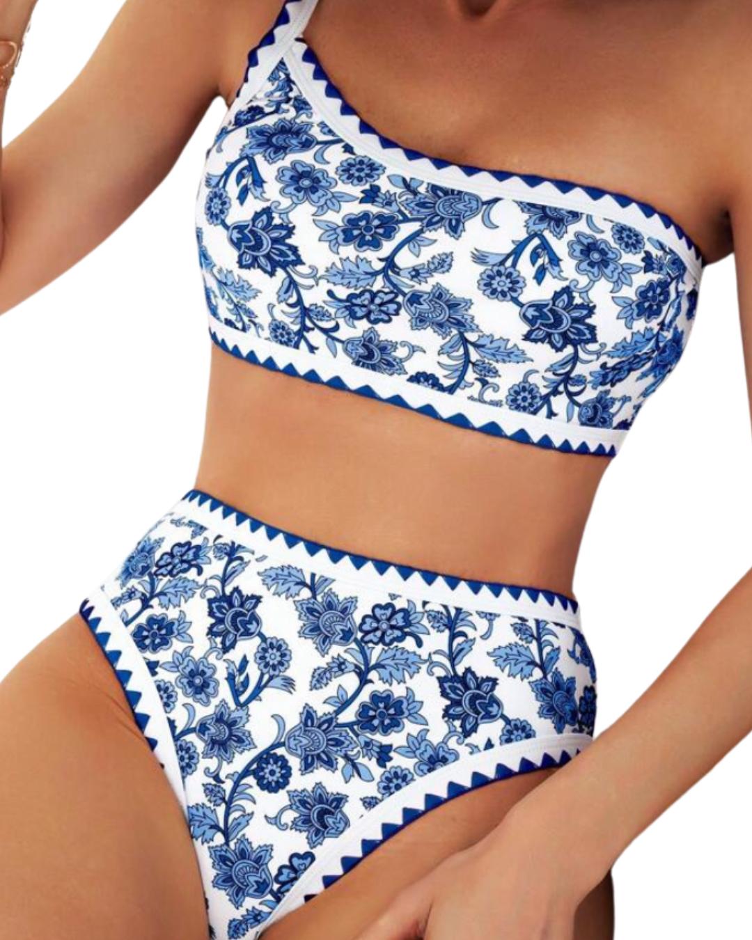 Two Pieces Colorblock Floral Print With Contrast Trim Bikini Set