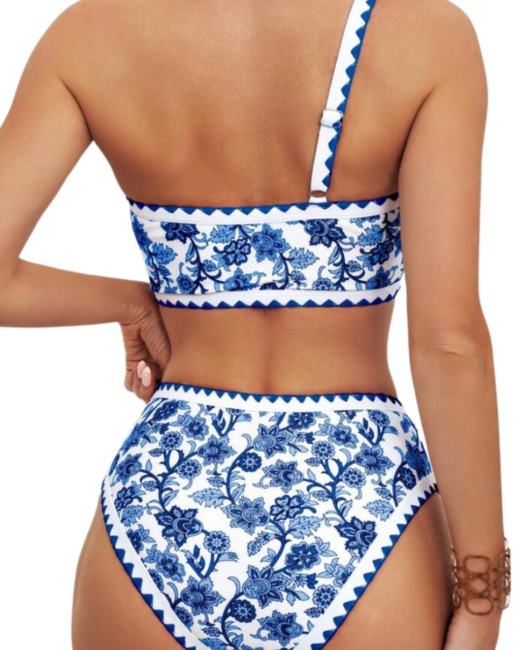 Two Pieces Colorblock Floral Print With Contrast Trim Bikini Set