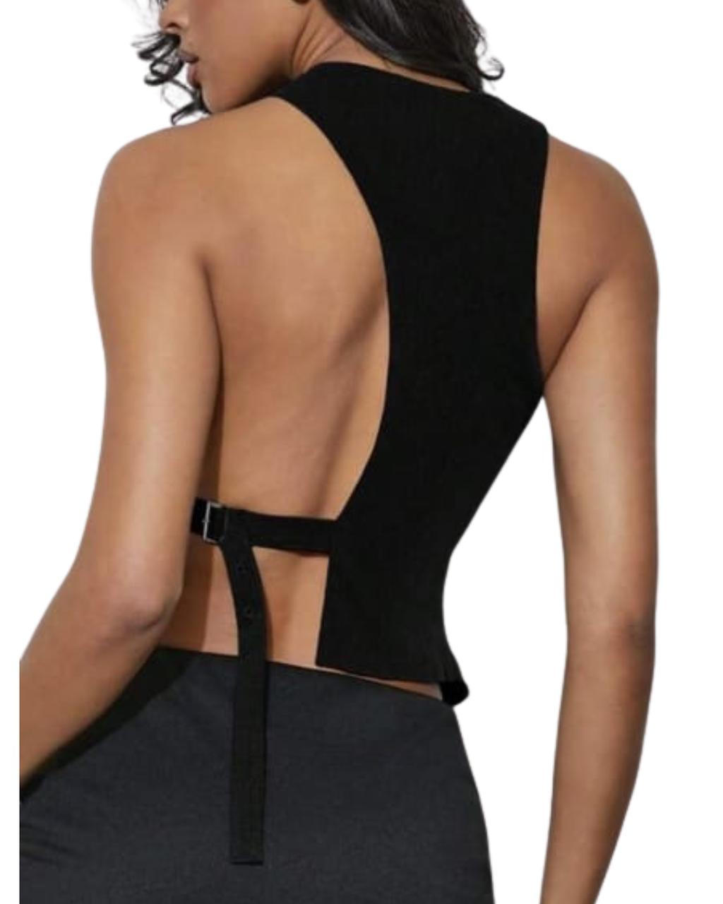 Black Solid Color Backless Buckle Design V-Neck Tank Top