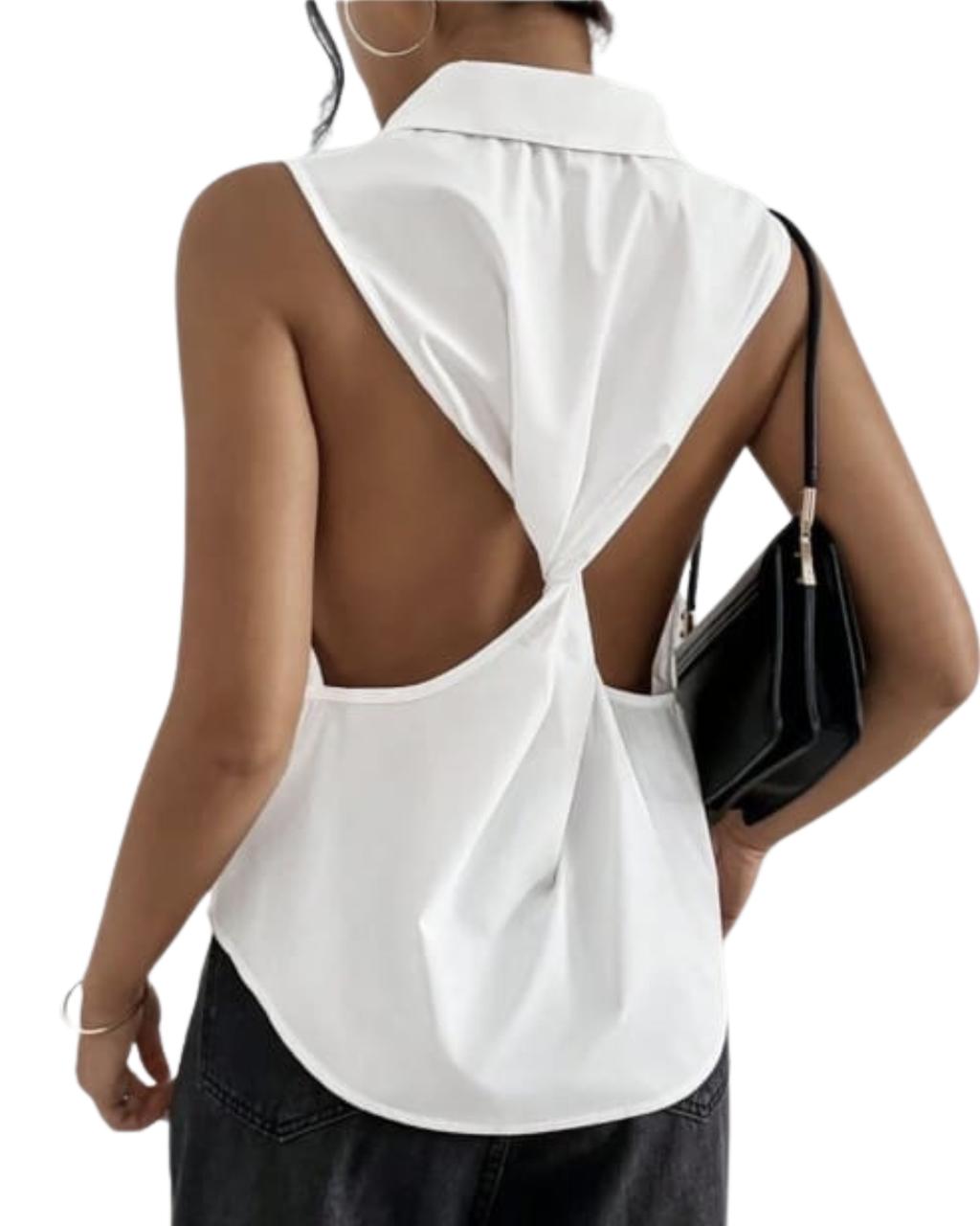 Women Solid Color Twisted Back Shirt
