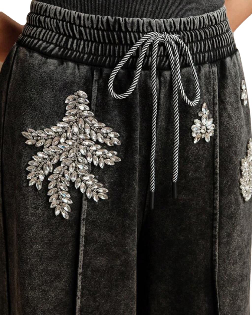 Heavy Craft Luxurious Hot Stamping Diamond Drawstring Black Sweatpants