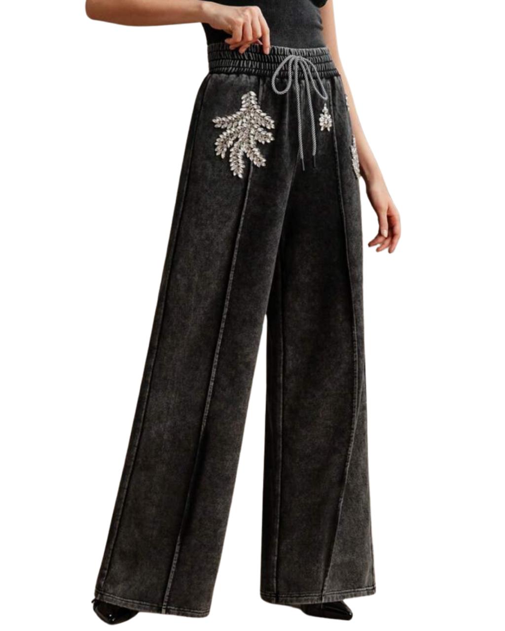 Heavy Craft Luxurious Hot Stamping Diamond Drawstring Black Sweatpants