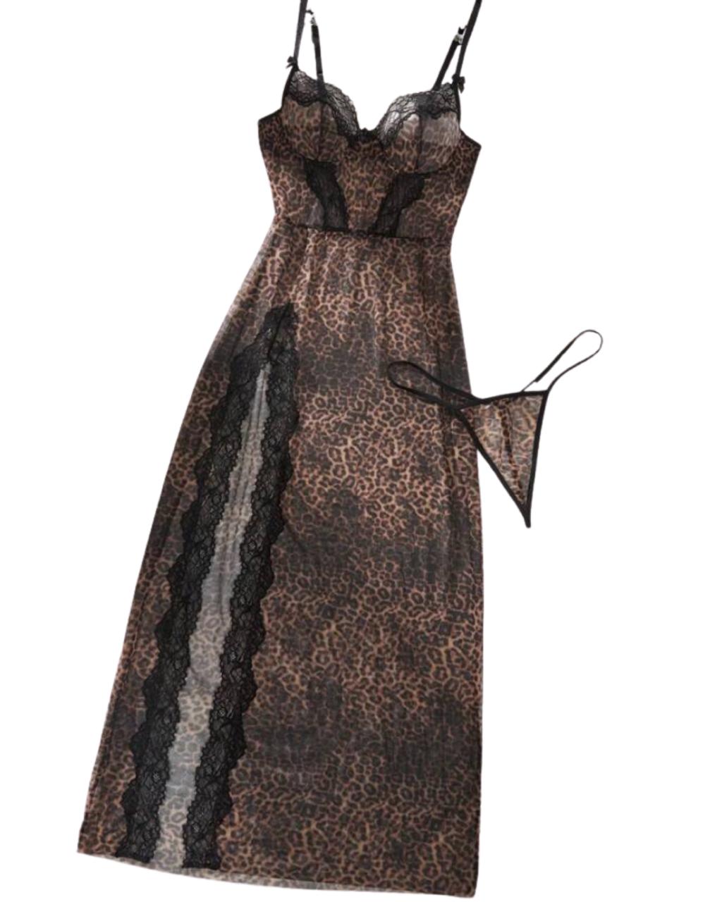 2pcs Women Leopard Print Lace Patchwork High Slit Maxi Dress Set