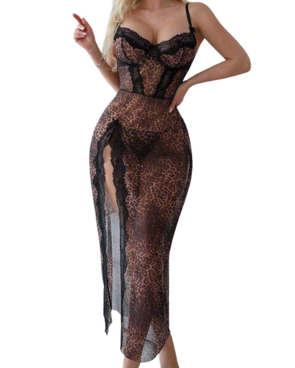2pcs Women Leopard Print Lace Patchwork High Slit Maxi Dress Set