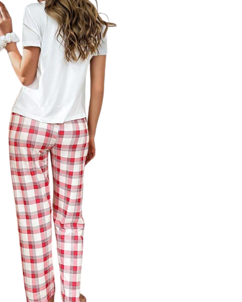 Cherry Print Short Sleeve Top And Plaid Pants Pajama Set