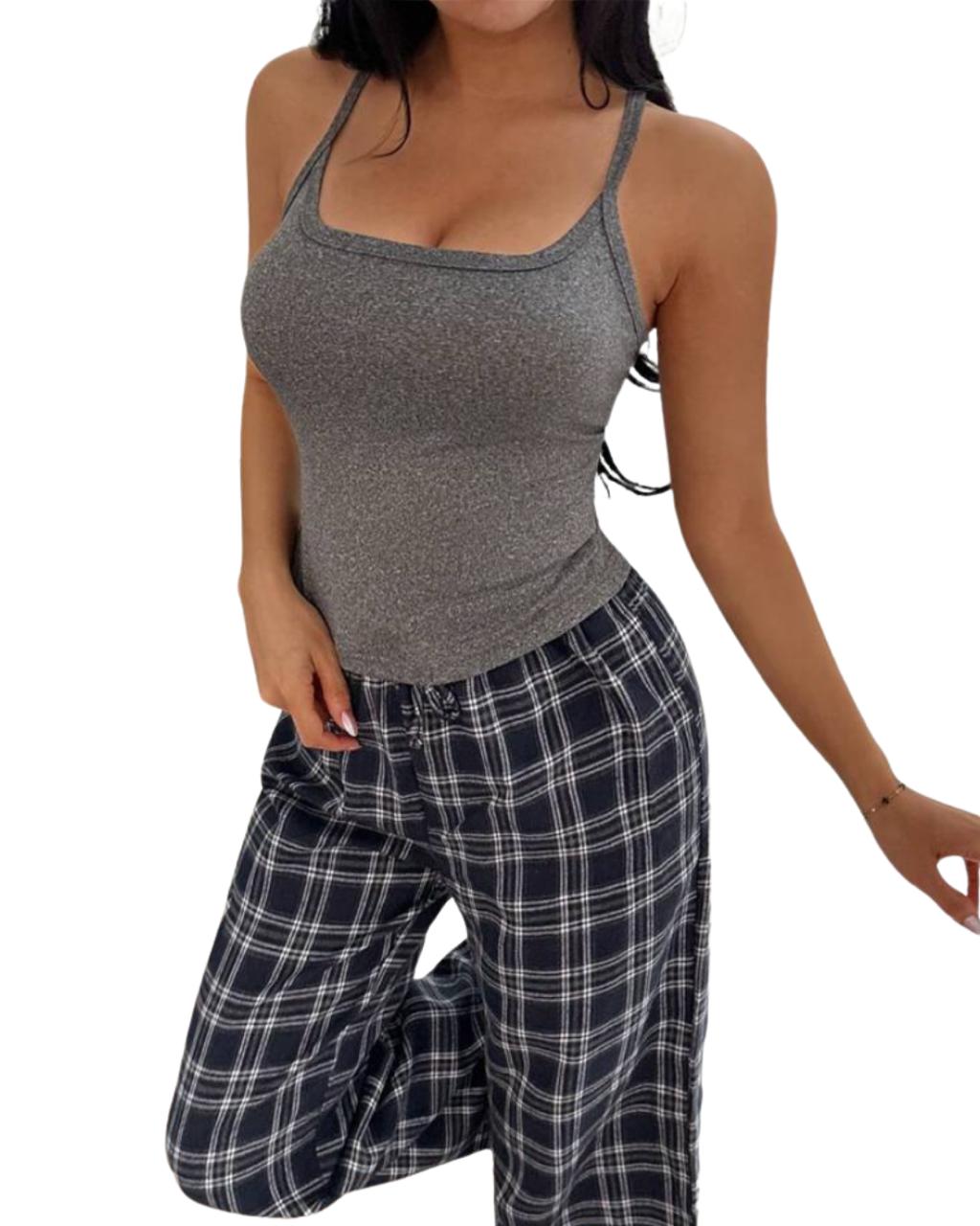 Women's Set Casual Backless Contrast Lace Bodycon Camisole And Plaid Pants Pajamas