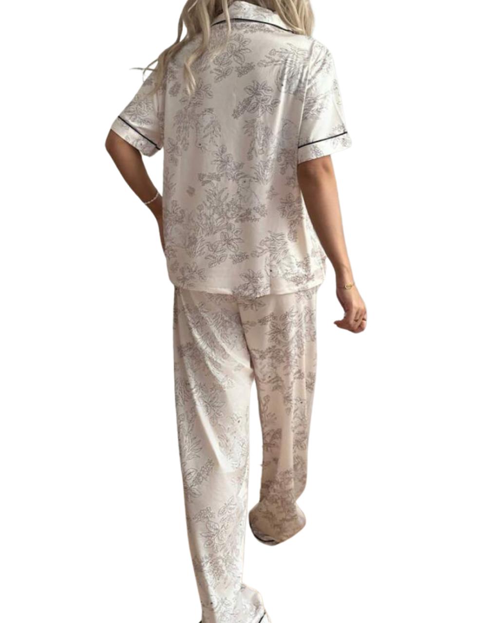 Floral Tree Rabbit Print Short Sleeve Pants Collar Pajama Set