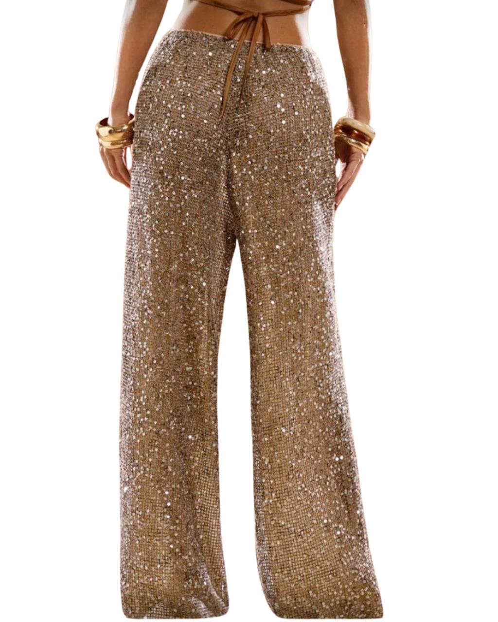 Crochet Brown Sequin Low Waist Loose Wide Leg Pants