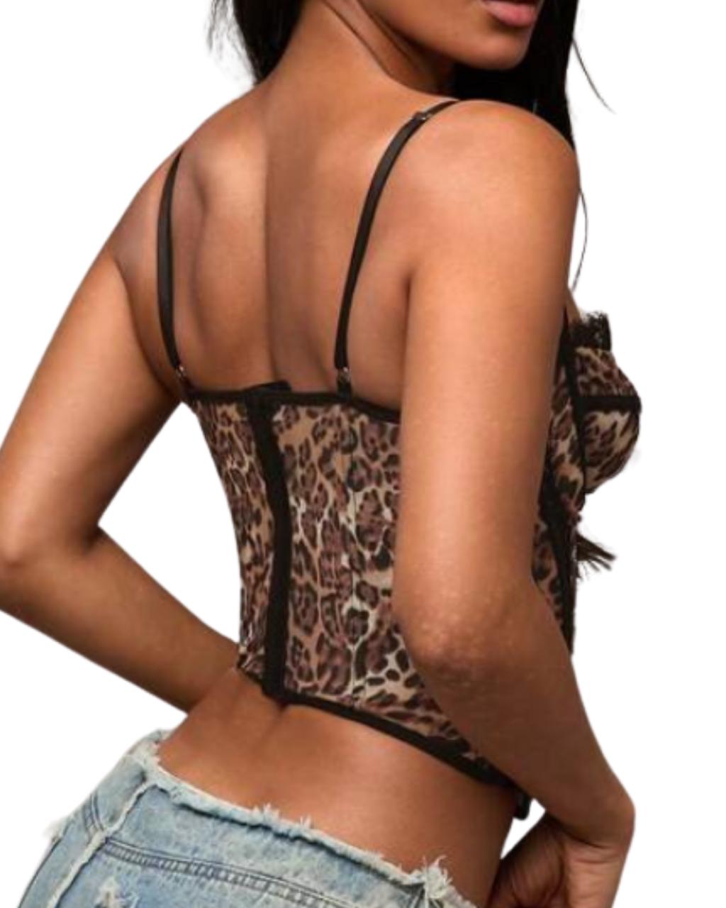 Leopard Print Mesh Lace Trim Camisole Top