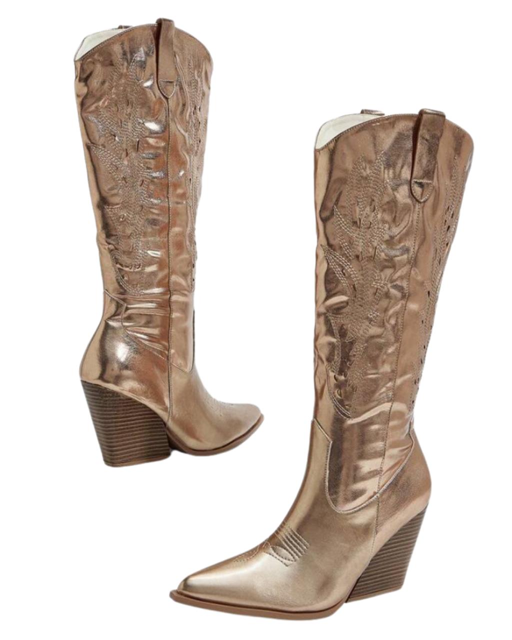 Glossy Side Zipper Design High Heel Western Style Fashion Boots