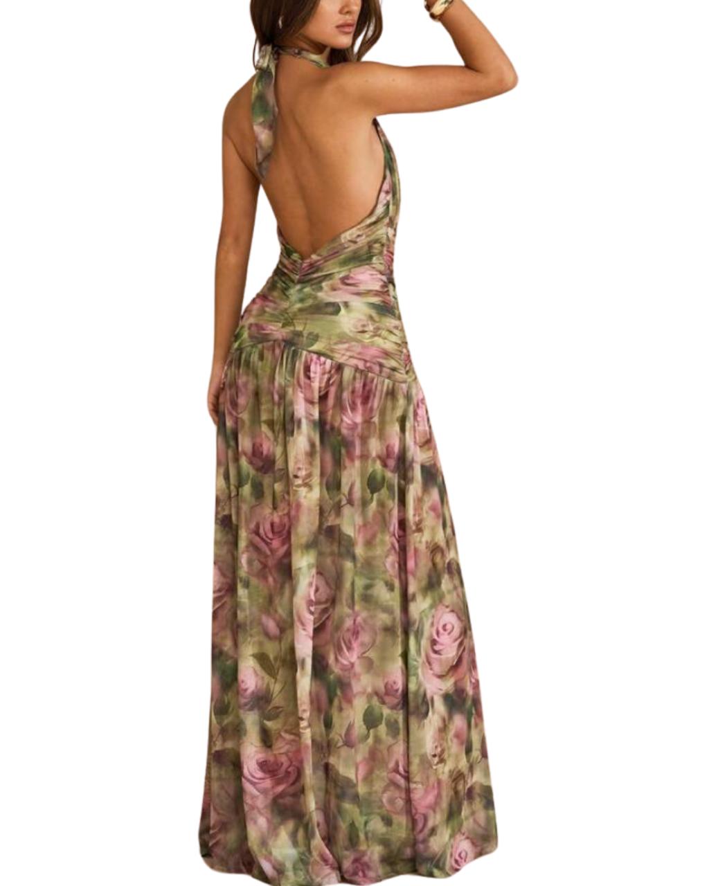 Floral Print Deep V-Neck High Slit Mesh Skirt Maxi Dress