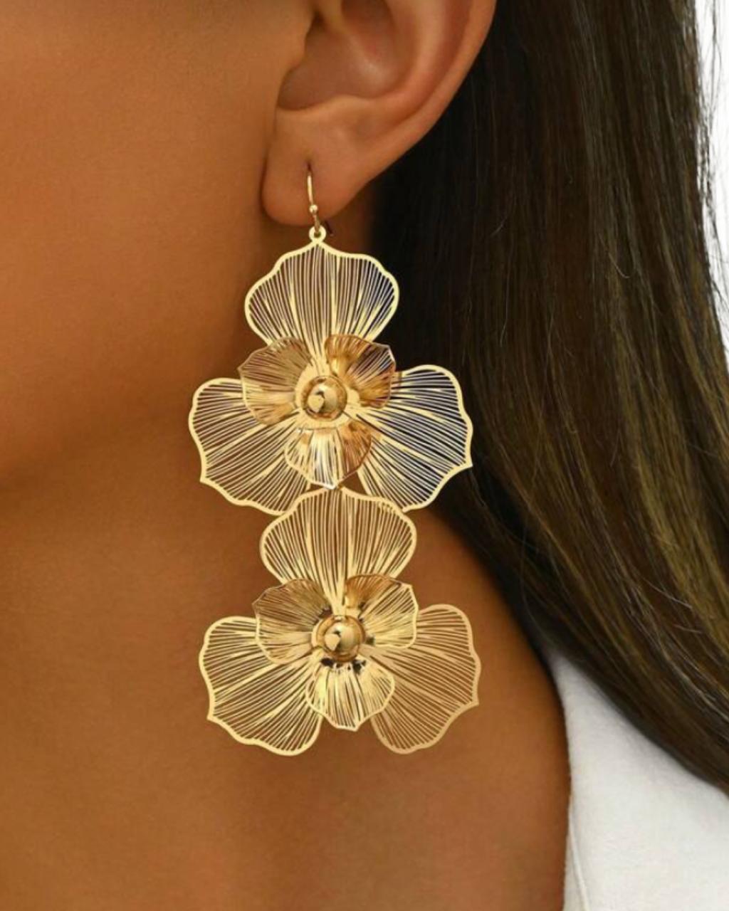 1pair Fashionable Double-Layer Floral Drop Earrings