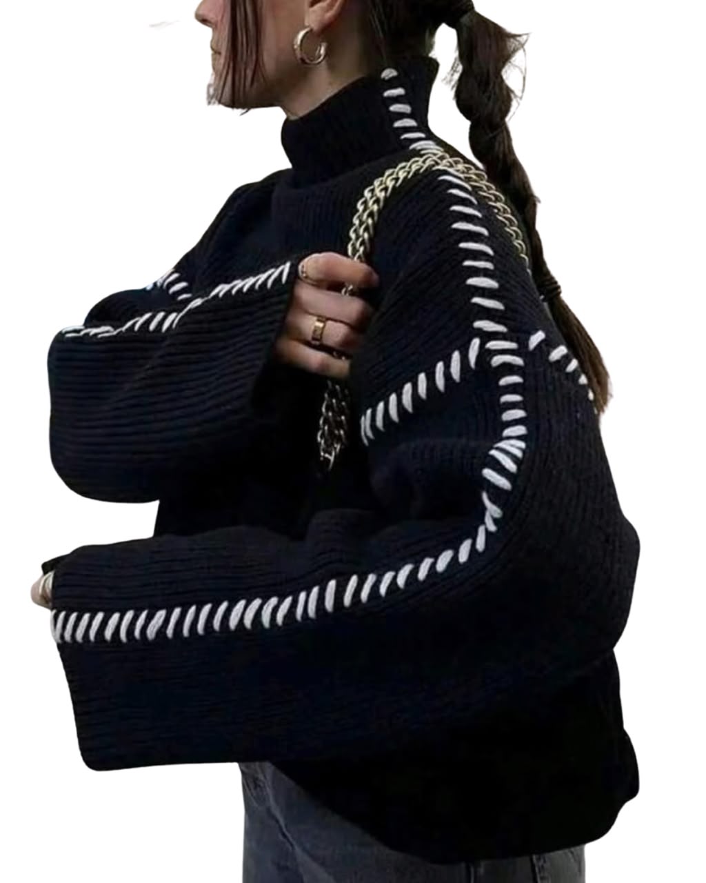 Stitching High Neck Knit Sweater