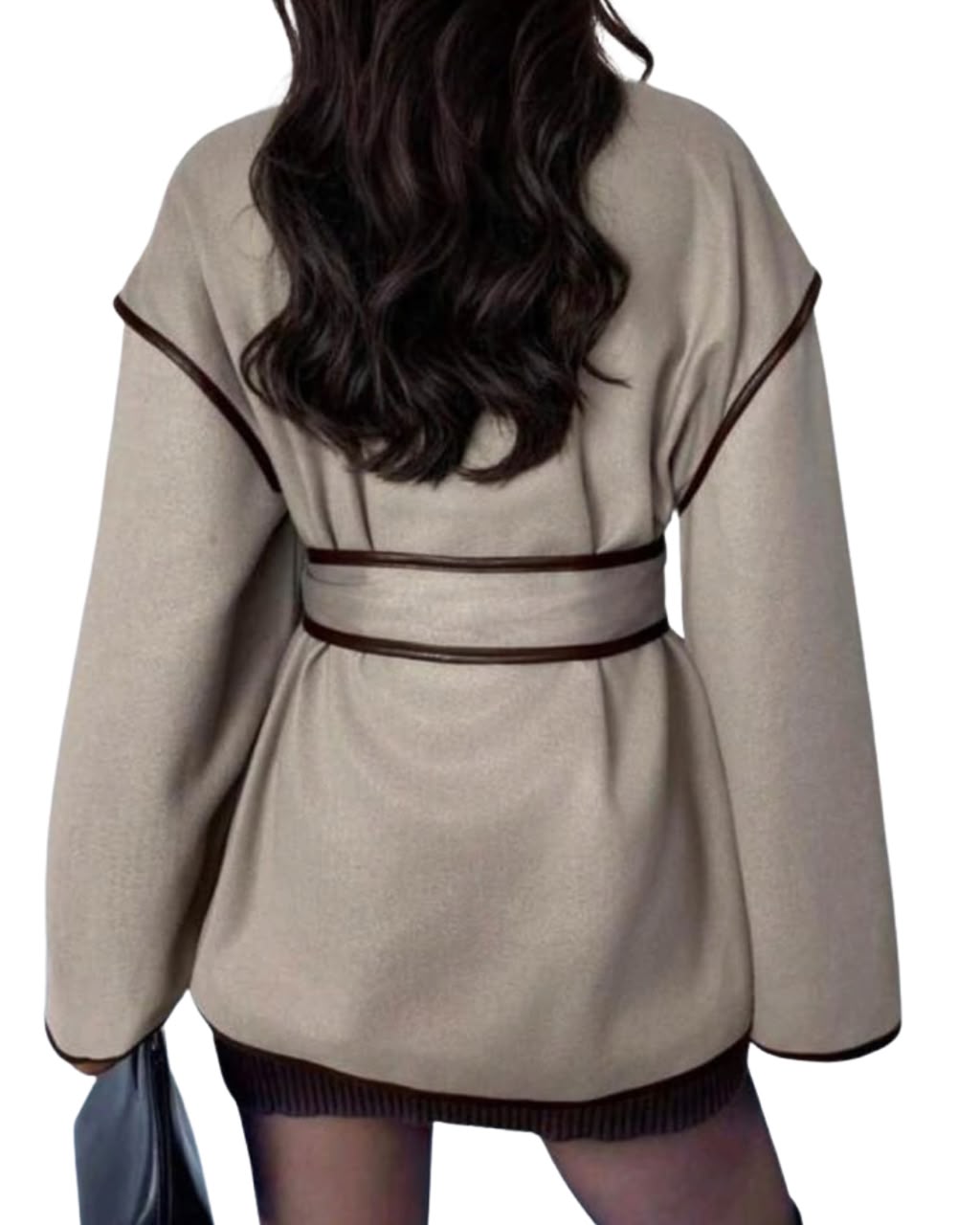 Casual Belted Colorblock Trim Jacket