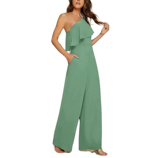 Shein Belle One Shoulder Ruffle Trim Wide Leg Brand New Jumpsuit