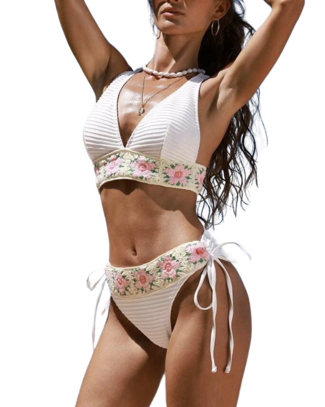 White Ribbed Bikini With Floral Crochet