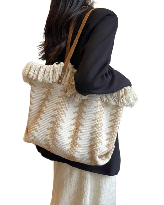 Tropiscape Straw Fringed Tote Bag